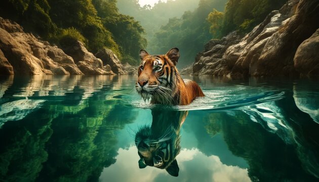 A tiger swimming solo in a clear, turquoise river, with the reflection visible.