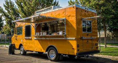 A food truck is parked serving food to be sold