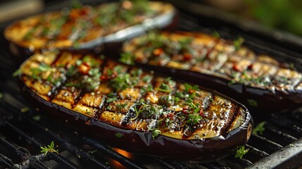 grilled eggplants seasoned with herbs on a barbecue grill, highlighting a savory summer dish