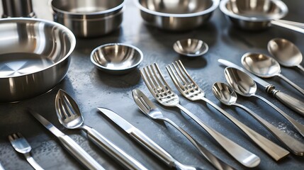 Metal cooking utensils on table. 