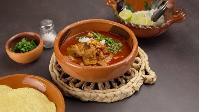 adding chopped onion to a plate of mondongo or mole de panza
