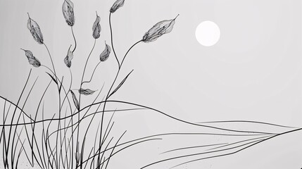 Minimalist line art flowers and mountain backgrounds.