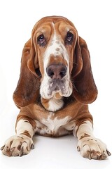 A close-up headshot of a Basset Hound on a white background, showcasing its expressive eyes, dog, fluffy fur, friendly, cute, mans best friend