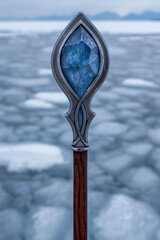Magical crystal wand against blurred ocean background
