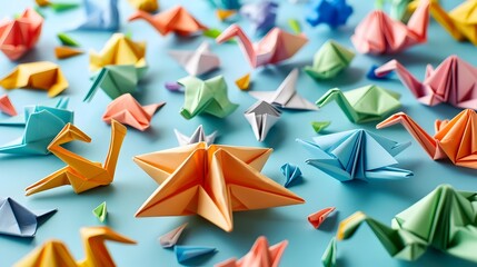 Vibrant Origami Shapes Created from Colorful Folded Construction Paper