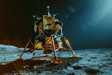 A lunar spacecraft lander module sitting on the moon's south pole as part of a lunar exploration program and outer space missions.
