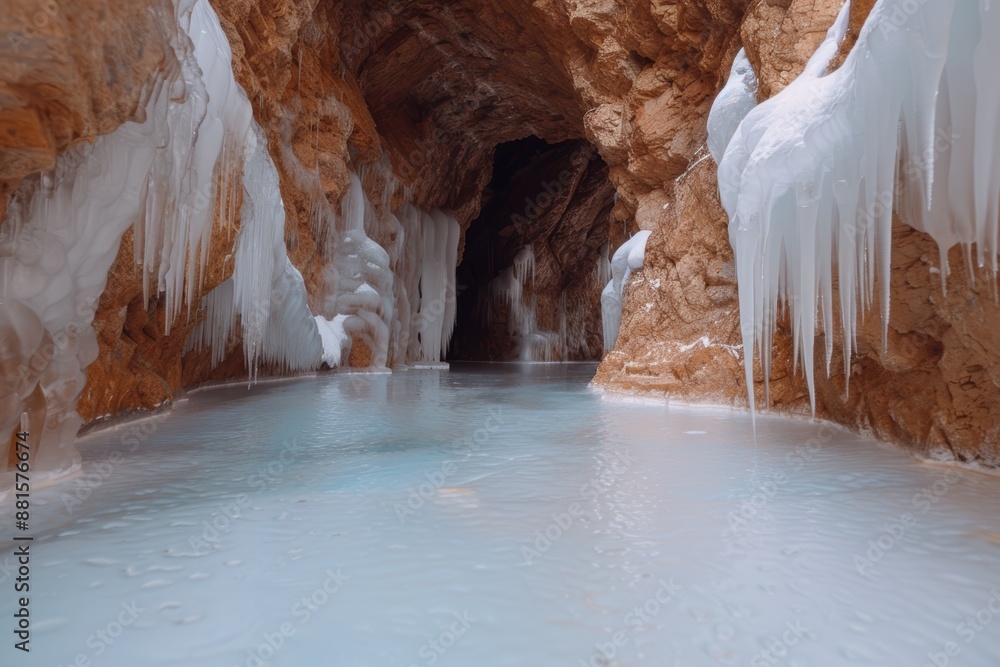 Wall mural Frozen underground cave with crystal clear water