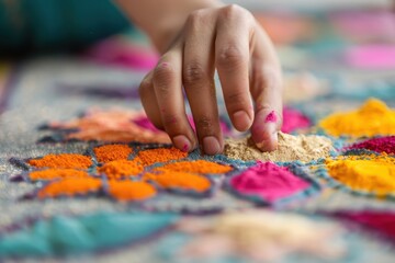 Detailed shot of an elaborate rangoli design made with colored powders and flower petals, capturing hands adding the final touches for Diwali.