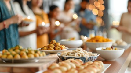 Festive Diwali feast spread on a decorated table with a variety of sweets and savory dishes, family gathering in the background.