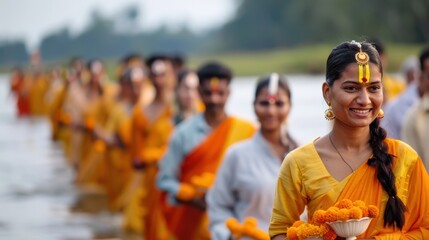 Durga idol immersion procession during Dussehra festival, with devotees carrying the statue to the river in colorful clothing and a festive atmosphere.