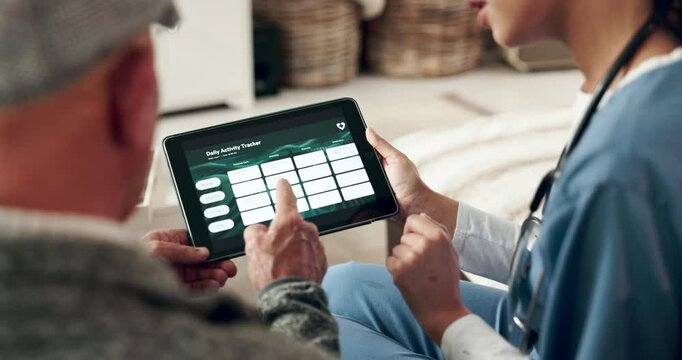 Nurse, senior man and tablet screen as caregiver in retirement for health, wellness and schedule in nursing home. Woman, elderly care and support for Dementia, age related illness and memory on tech