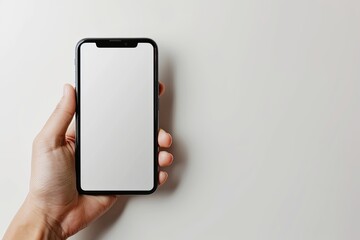 Smartphone mockup on hand with white blank screen created with Generative AI