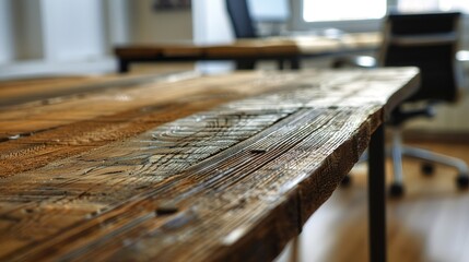 Industrial Style Office with Windows and Wooden Table in Foreground