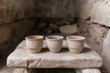 ancient clay cups on stone shelf