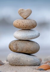 Balanced stones with a heart-shaped rock on top