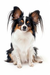 A close-up headshot of a Papillon on a white background, showcasing its expressive eyes, dog, fluffy fur, friendly, cute, mans best friend