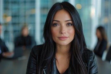 Obraz premium Confident young woman with dark hair in a black jacket