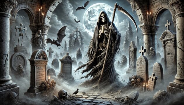 A detailed, eerie scene of a skeleton reaper standing among ancient, crumbling tombstones and crypts in a graveyard.