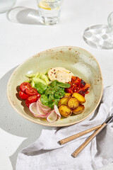 Fresh Vegetable Salad Bowl with Roasted Potatoes and Ranch Dressing