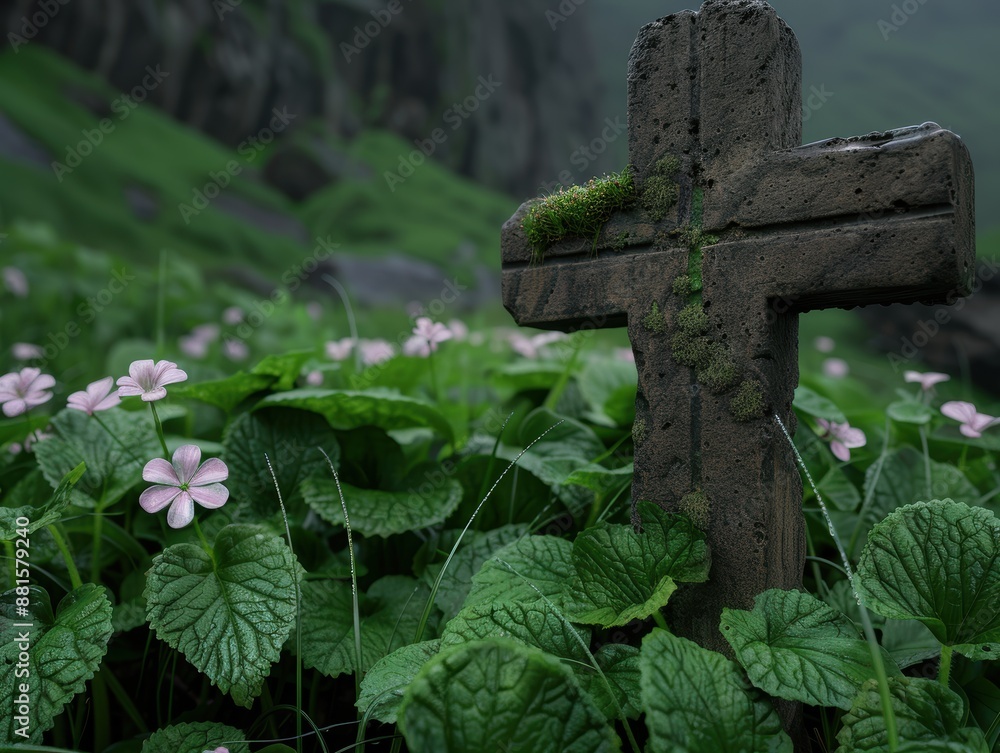 Sticker Weathered stone cross in lush green foliage