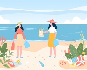 Fototapeta premium Reducing plastic waste, beach cleanup activities, flat design illustration
