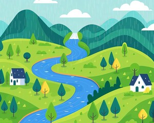 Obraz premium Sustainable water use, rainwater harvesting, flat design illustration