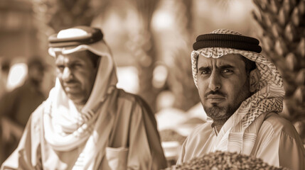 Obraz premium Two men in traditional clothing stand in front of a pile of grains