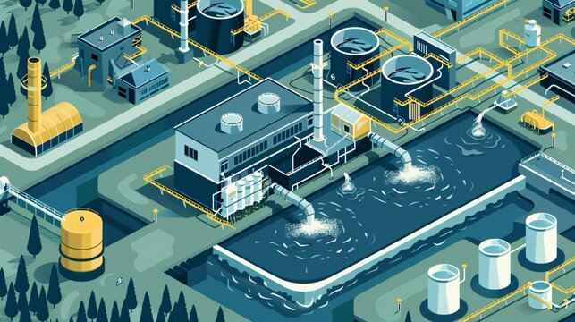 an educational infographic on industrial water management, featuring methods for conservation, reduced usage, wastewater treatment, and sustainability advancements
