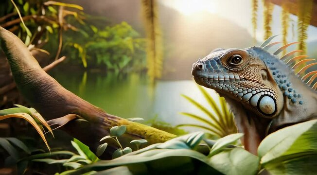 An iguana basks on a mossy log in a tropical forest, surrounded by lush plants and sunlight filtering through the canopy.
