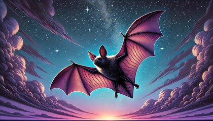 A bat in mid-flight with wings fully extended, flying through a twilight sky with a hint of stars.