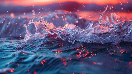 Abstract Water Splash with Red Glowing Particles.