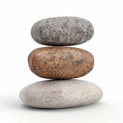 Balanced river stones stacked on white background