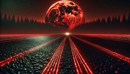 A detailed close-up of a dark road with glowing red lines, under a large red moon rising in the background.