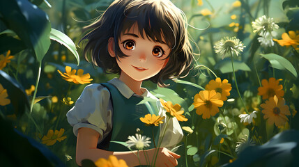 Smiling Anime Girl in a Field of Flowers Illustration