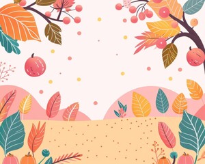 Autumn harvest scene, oak branches, flat design illustration