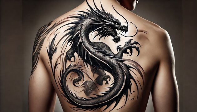 A tattoo design running down the spine with the dragon's back and spikes, highlighting its powerful form.
