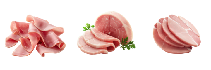 Variety of ham slices on white background. Different cuts of delicious ham perfect for sandwiches, meals, and culinary presentations.