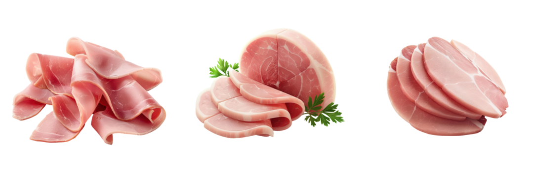 Variety of ham slices on white background. Different cuts of delicious ham perfect for sandwiches, meals, and culinary presentations.