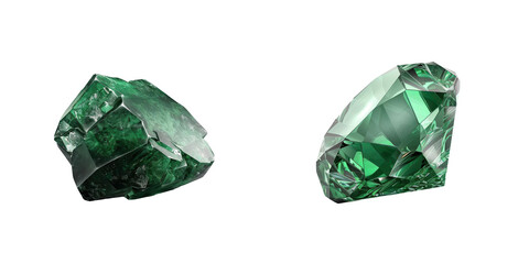 Fototapeta premium Two beautiful green emerald gemstones, one raw and one cut, showcasing natural beauty and craftsmanship on a white background.