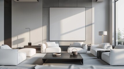 Minimalist Living Room with White Furniture and Large Blank Canvas