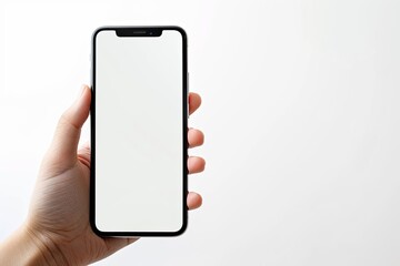 Smartphone mockup on hand with white blank screen created with Generative AI