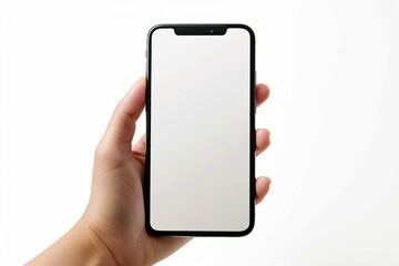 Smartphone mockup on hand with white blank screen created with Generative AI