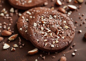 chocolate cookies with white chocolate chips, pine nuts and caramel sprinkles, laid out on beige parchment paper. National Chocolate Chip Cookie Day