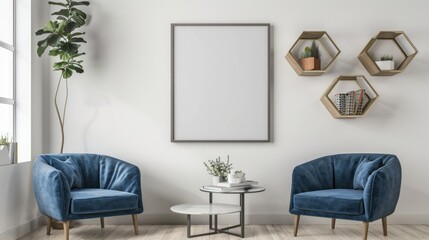 Modern Living Room with Blue Armchairs and Hexagon Shelves