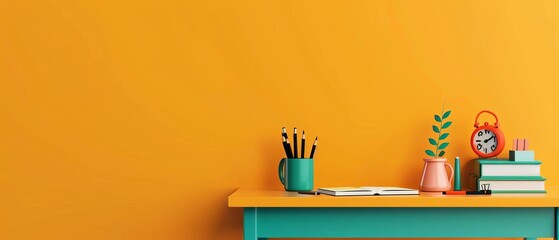 Classroom with pupil, desk and school items, flat design illustration