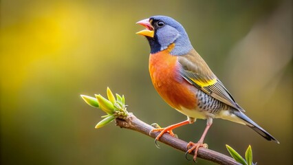 Wide shot of a Canarian Finch singing, studio portrait.
