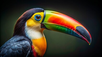 Fototapeta premium Wide shot of a Toucan with its colorful beak, studio portrait.