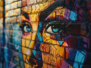 Obraz premium close-up of vibrant graffiti mural depicting a colorful abstract face on a brick wall