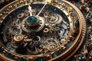 Obraz premium Intricate Clockwork Mechanism with Emerald Accents