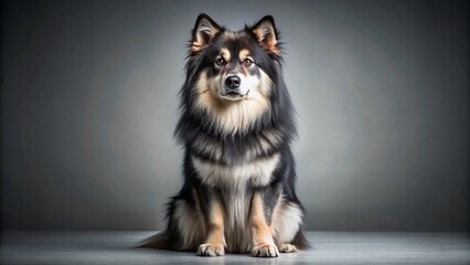 Wide shot of a Swedish Lapphund sitting, studio portrait.